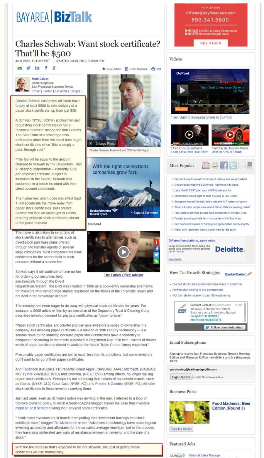 Screenshot of BizJournals article titled Charles Schwab: Want stock certificate? That'll be $500