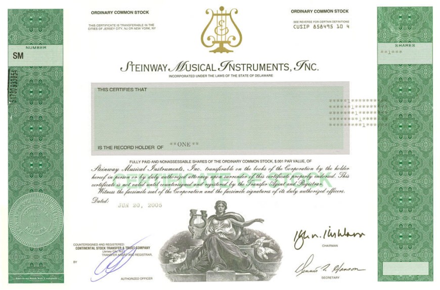 Steinway Stock Certificates Tuning Out Forever