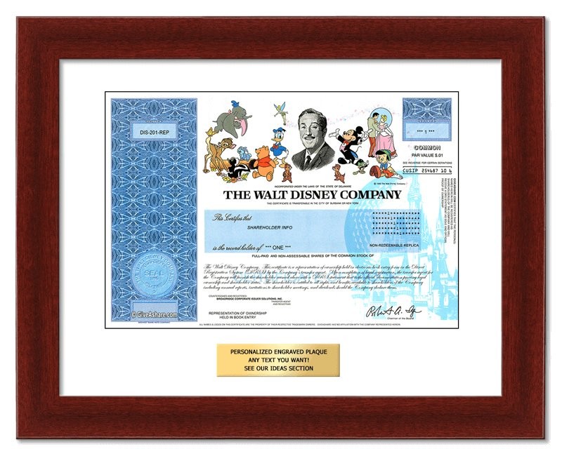 Framed disney stock certificate