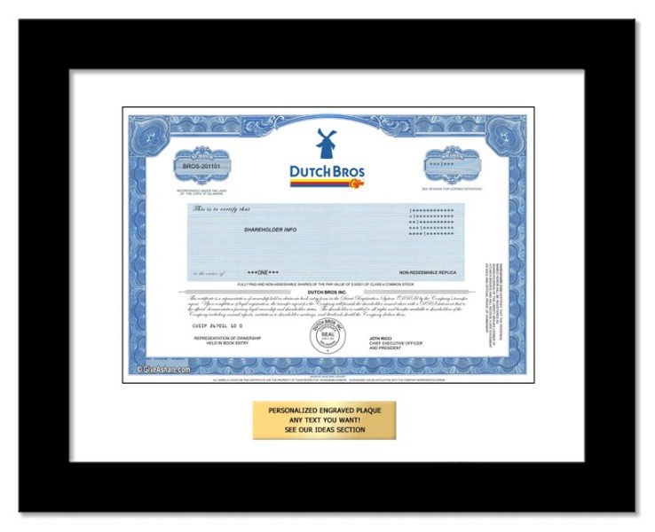 Dutch Bros - Replica Stock Certificate