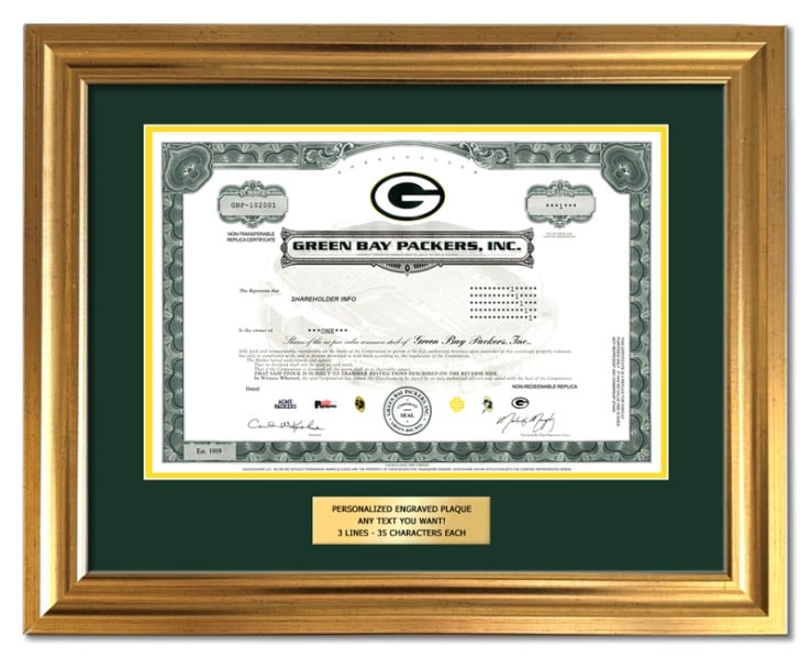 Green Bay Packers - Replica Stock Certificate Image Green Bay Packers - Replica Stock Certificate