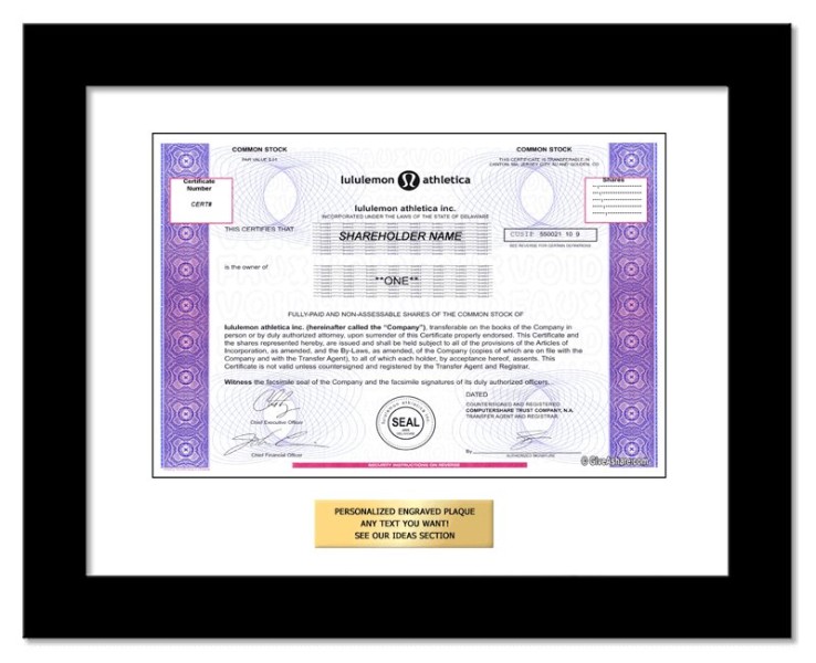 Lululemon - Replica Stock Certificate