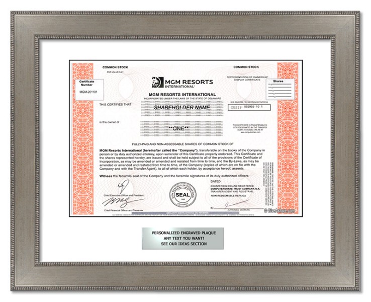 MGM Resorts - Replica Stock Certificate