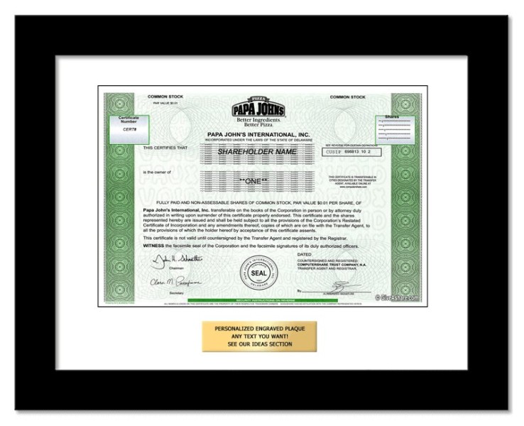 Papa Johns Pizza - Replica Stock Certificate