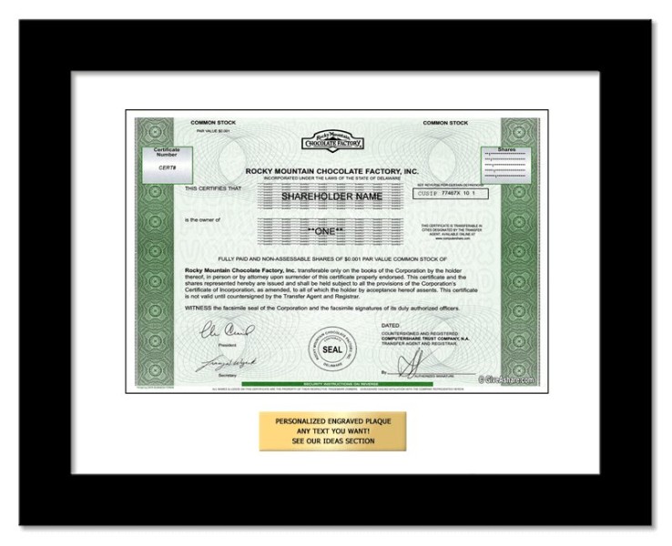 Rocky Mountain Chocolate Factory - Replica Stock Certificate