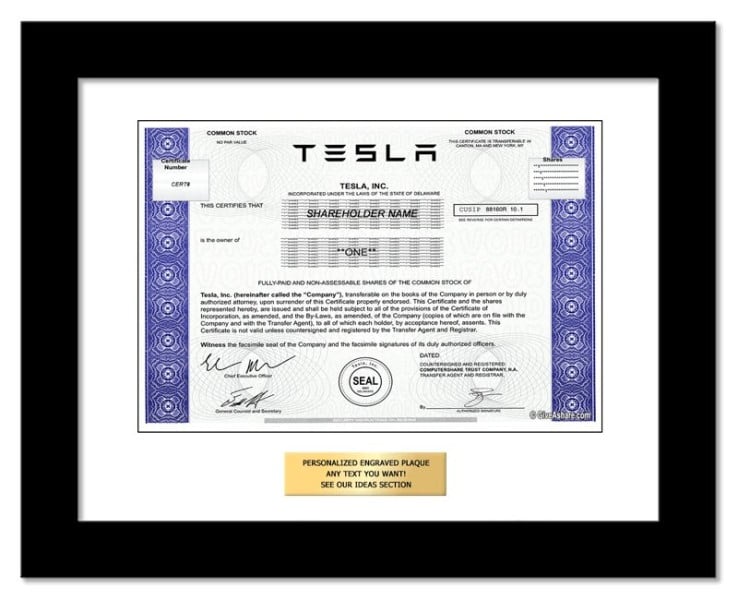 Tesla Inc - Replica Stock Certificate