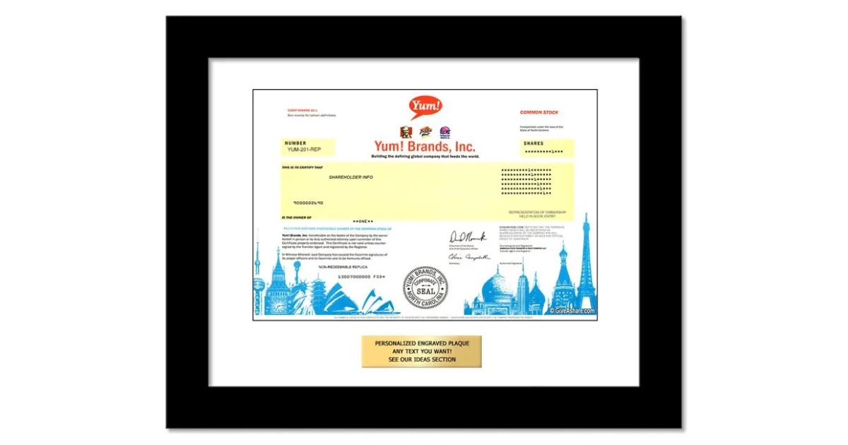 Yum Brands Personalized Replica Stock Certificate Yum Brands Personalized Replica Stock Certificate