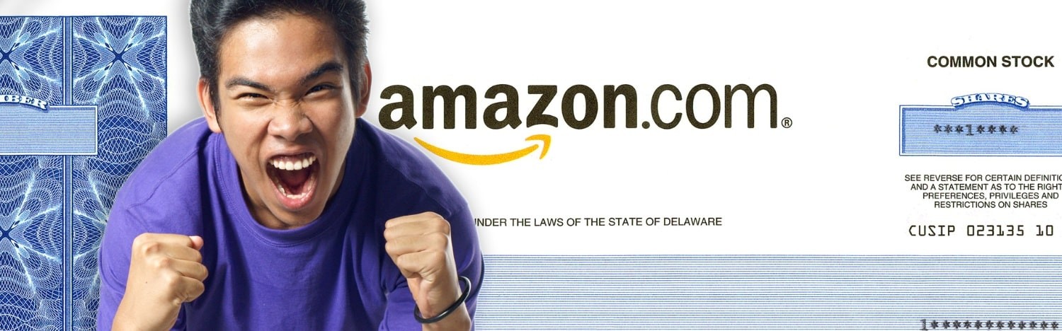 Excited young man in front of Amazon stock certificate