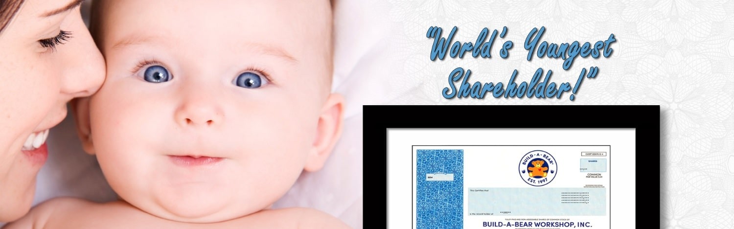 framed build a bear stock with baby - says worlds youngest shareholder