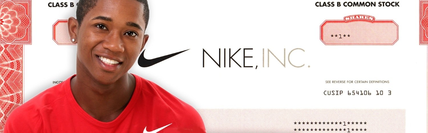 Young man in front of nike stock certificate