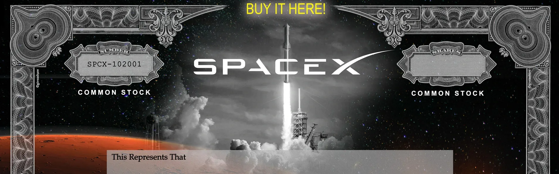 SpaceX-themed commemorative stock certificate with rocket launch and ornate border.
