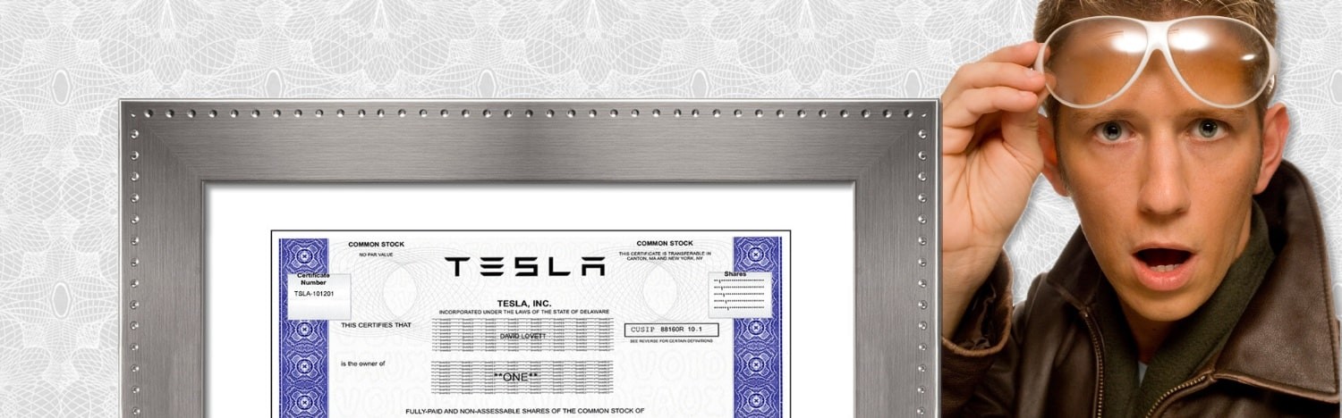 man awed by framed tesla stock