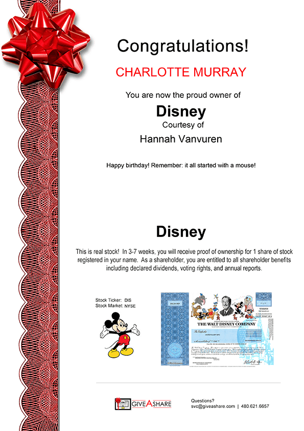 sample gift announcement showing Disney stock gift