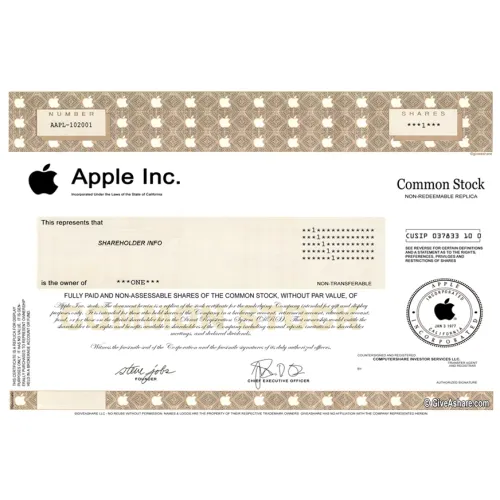Original Apple Stock Certificate Apple Computer Inc Certificate One