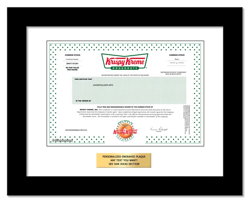 Krispy Kreme Personalized Replica Stock Certificate Krispy Kreme Personalized Replica Stock Certificate