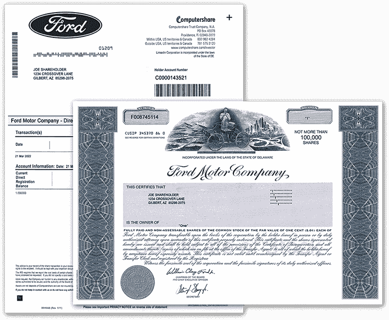 ford drs statement and registered ford stock certificate