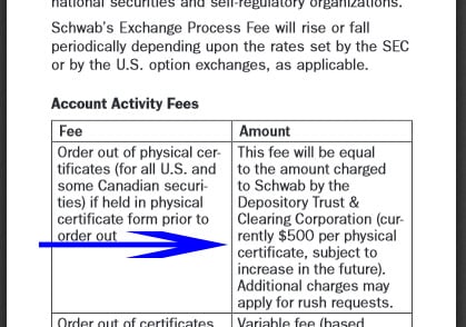 screenshot of Schwab website showing $500 fee per physical certificate