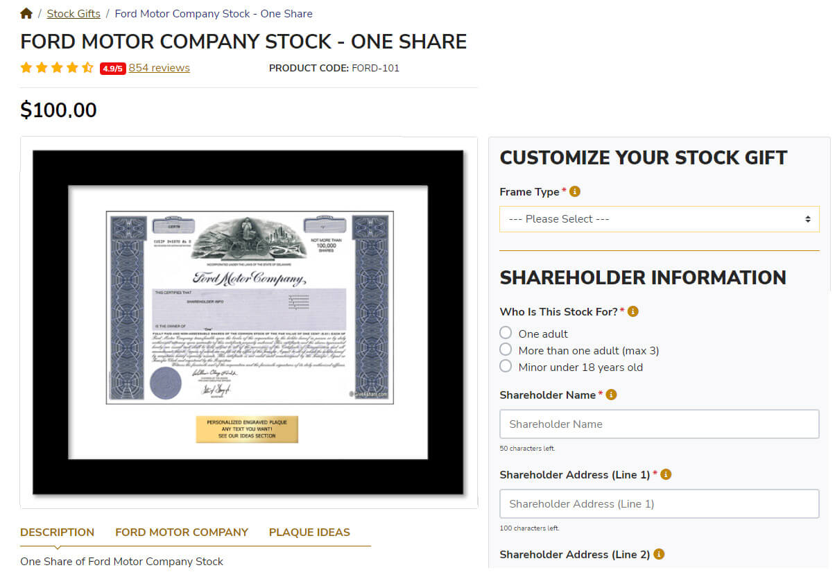 Ford stock product page showing options