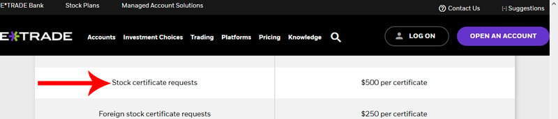 screenshot of Etrade webpage showing $500 per stock certificate