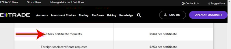 screenshot of Etrade webpage showing $500 per stock certificate