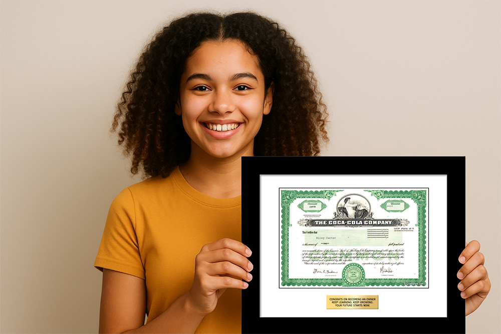 Girl holding a framed GiveAshare stock certificate gift