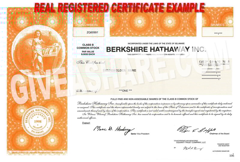 Real Berkshire Hathaway stock certificate